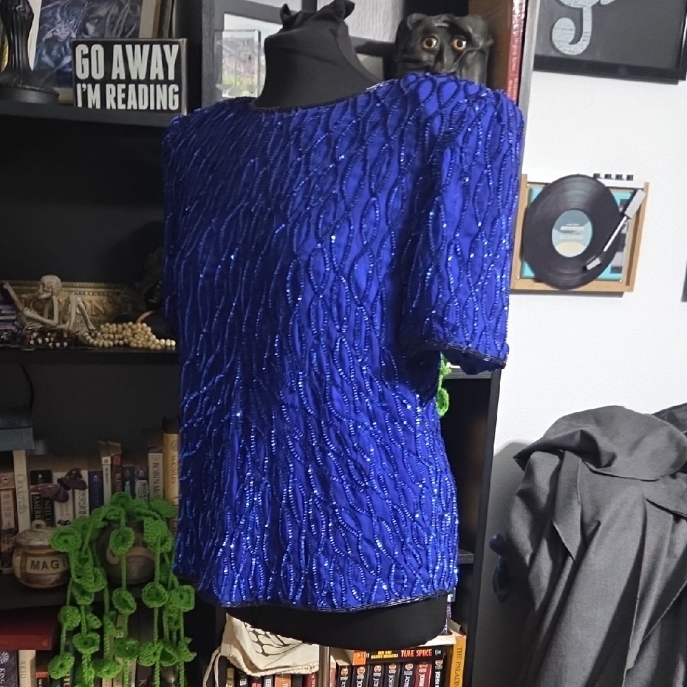 Laurence Kazar Royal Blue Beaded Blouse